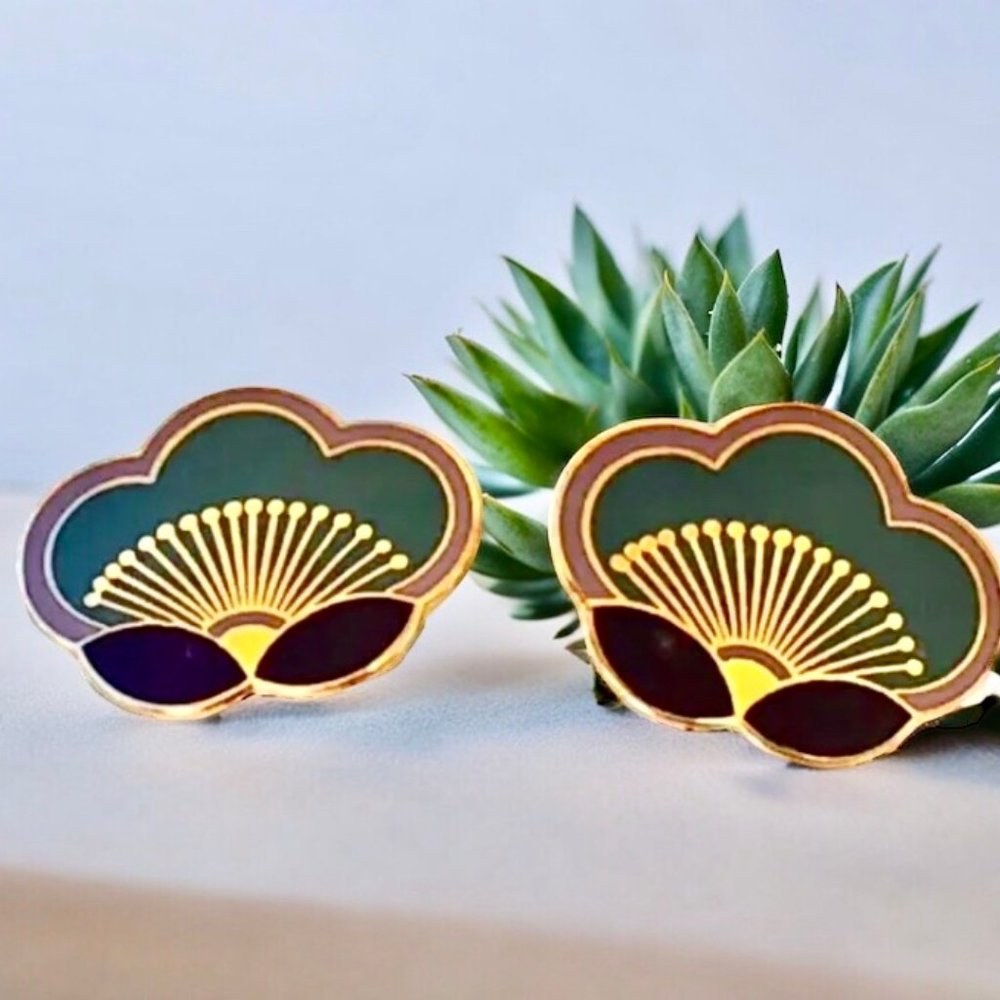 Laurel Burch Clip-On Enamel Earrings Plum Blossom Signed Vintage - Picture 9 of 12